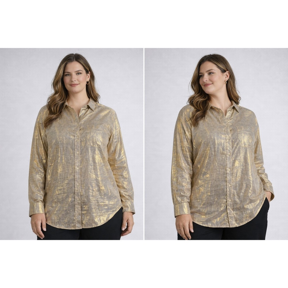 VTG TFC Gold Metallic Lame Button Up Shirt Women Medium Oversized Disco Metallic
